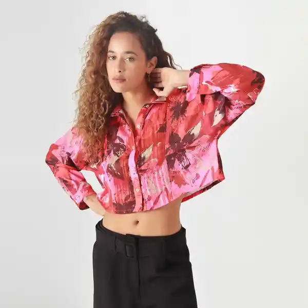 Blusa Crop Cuello Camisero Manga Larga Multicolor Talla M 718998