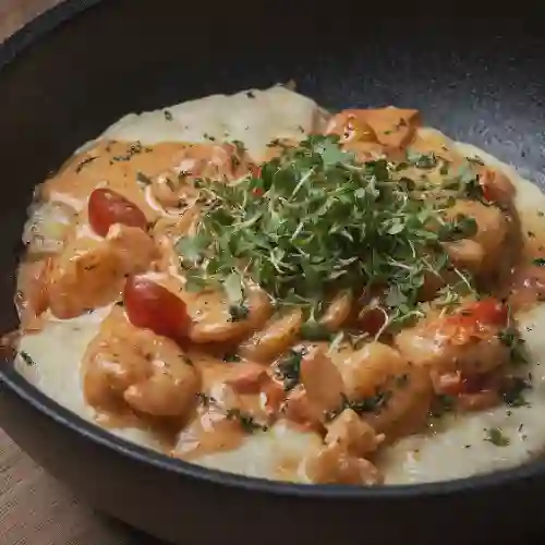 Waffle de camarones al ajillo
