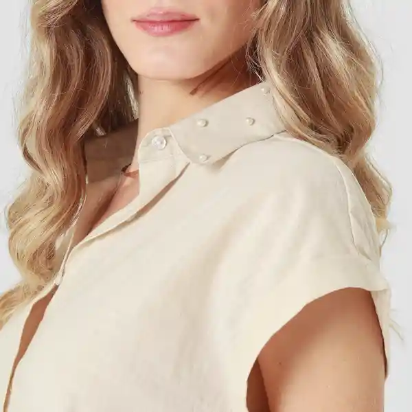 Blusa Cuello Camisero Manga Corta Beige Talla S 701860
