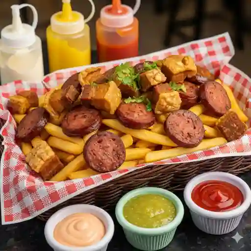 Salchipapa chicharrón