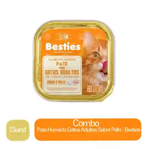 13 x Pate Alimento Humedo Gatos Adultos Sabor Pollo - Besties -