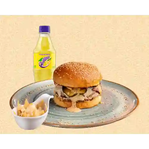 Hamburguesa chula, bebida, acompañante