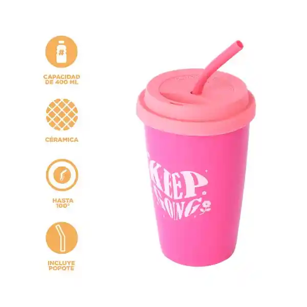 Vaso de Cerámica de Con Tapa y Pitillo Rosa 400 mL Miniso