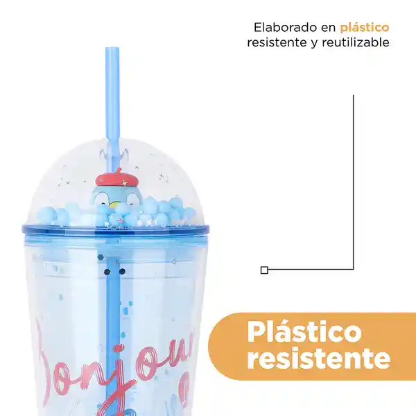 Vaso Plástico Con Pitillo de Serie Mini Family 600 mL Miniso