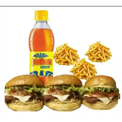 3 Hamburguesas+papitas y Gaseosa Gratis