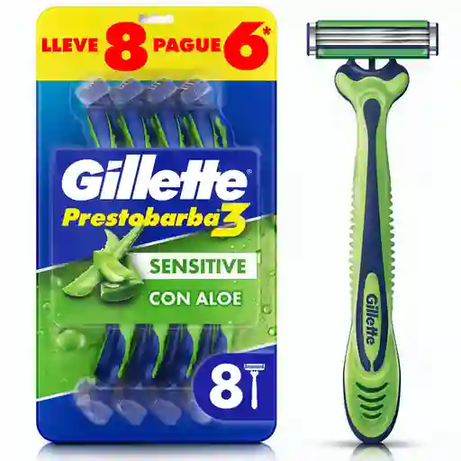 GILLETTE Prestobarba 3 Sensitive Cuchilla de Afeitar con Aloe Máquina de Afeitar Hombre Desechable Afeitada con Menos Irritación Afeitadora para Piel Sensible 8 Uds