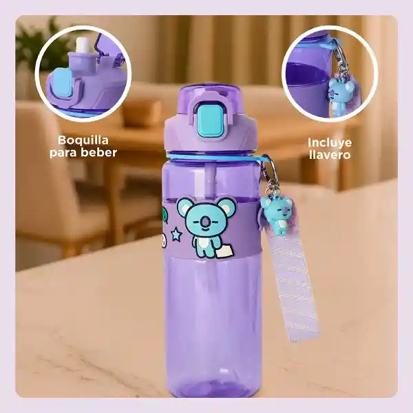Botella Con Correa y Funda Serie Koya Morado 800 mL Bt21 Miniso