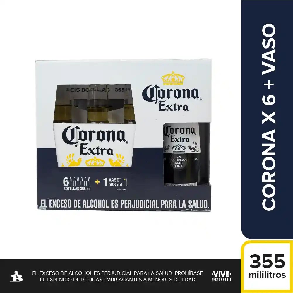 Kit Cerveza Corona Botella 355 ml x6 + 1 Vaso