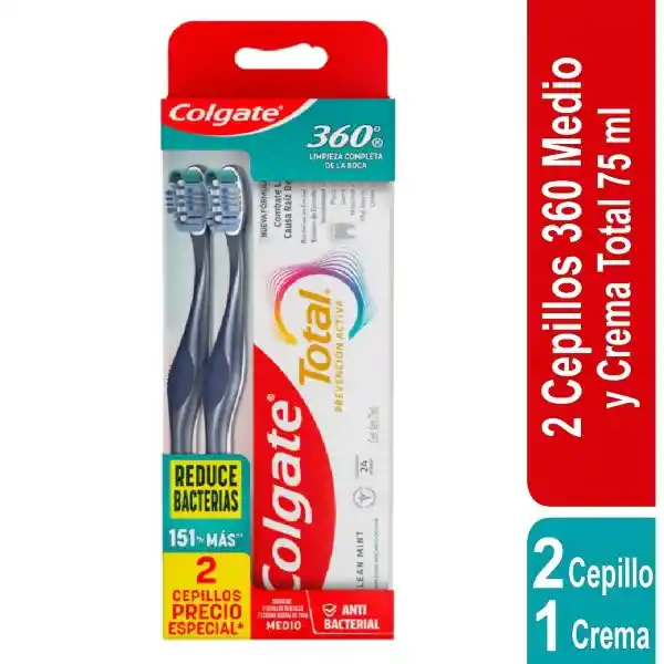 Colgate Cepillo de Dientes + Crema Dental 360° Medio