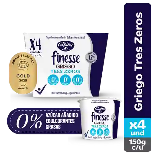 Yogurt Griego Finesse Tres Zeros 150 g x 4 Und