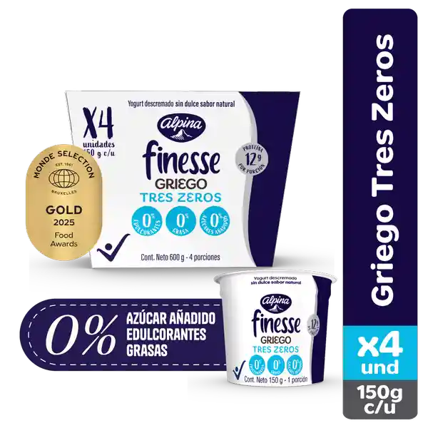 Yogurt Griego Finesse Tres Zeros 150 g x 4 Und