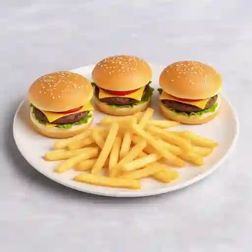 Trio de mini burgers con papas fritas