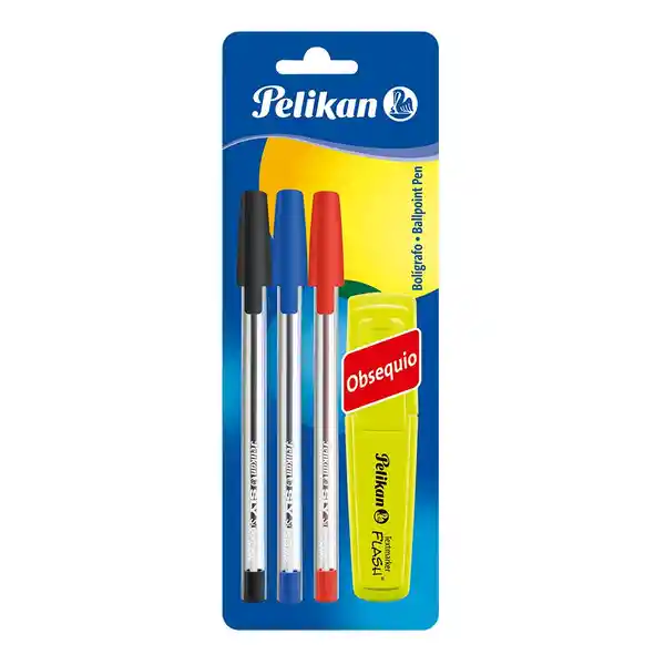 Pelikan Boligrafo Negro Azul Rojo + Resaltador Flash Amarillo