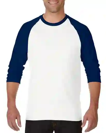 Gildan Camiseta Heavy Cotton 3/4 Blanco Manga Azul Talla L