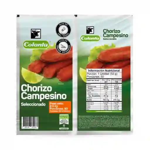 Colanta Chorizo Campesino Seleccionado X 2.500 G