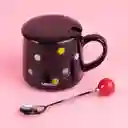 Taza Cerámica Con Cuchara y Tapa Serie Dots Negro 300 mL Miniso