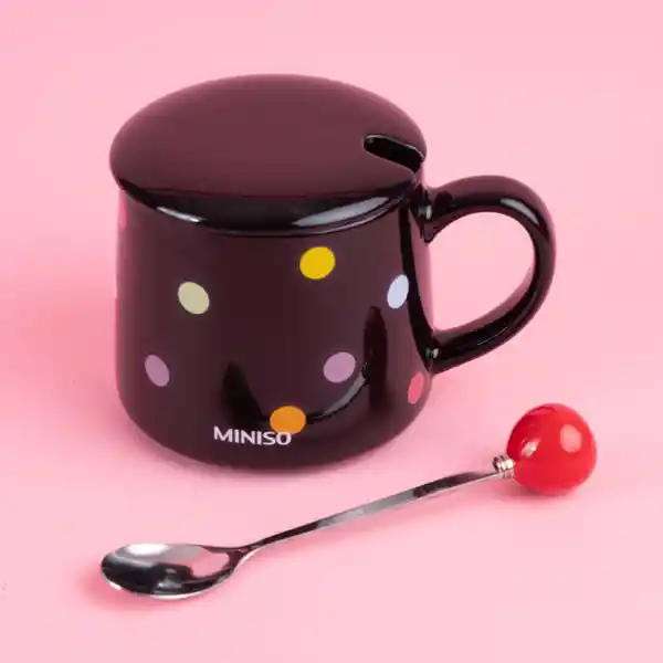 Taza Cerámica Con Cuchara y Tapa Serie Dots Negro 300 mL Miniso