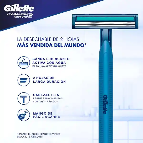 GILLETTE Prestobarba Ultragrip2 Cuchilla de Afeitar Desechable 3 Cuchillas para Hombre con 2 Hojas y Cabeza Fija para Rasurar