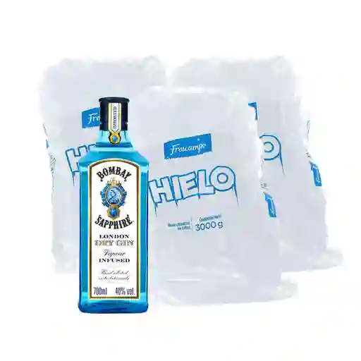 Combo Bombay Sapphire Ginebra London Dry + Frescampo Hielo Cubo