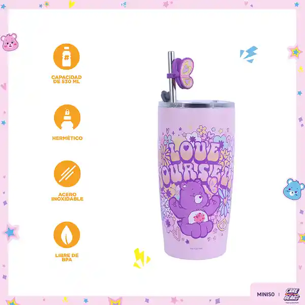 Vaso de Acero Con Pitillo Colección Care Bears Rosa Miniso