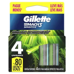 Gillette Mach3 Sensitive Repuestos de Afeitar con Aloe, 4 Unidades