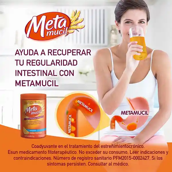 Metamucil Fibra Natural Psyllium ayuda a la regularización intestinal sabor Naranja 174 g con 30 dosis