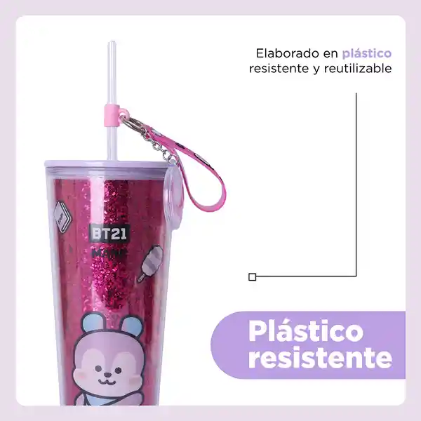 Vaso de Doble Pared Con Pitillo y Decoración Bt21 800 mL Miniso