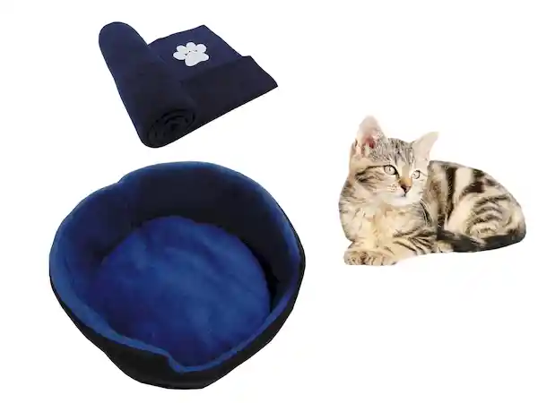 Cama Para Gato Pequeña + Cobija Térmica Mediana Azul Oscuro