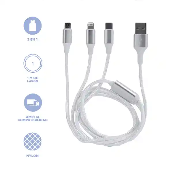 Cable de Carga y Datos 3 en 1 Romoss Plateado Mod Cb25a Miniso