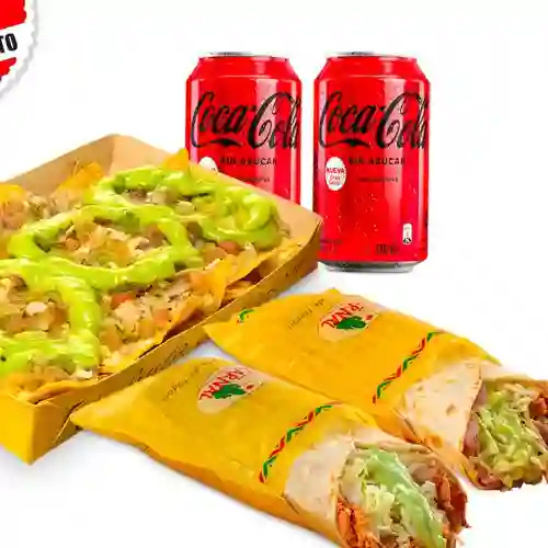 Combo 2 Burros-1 Nachos-2 Coca Cola
