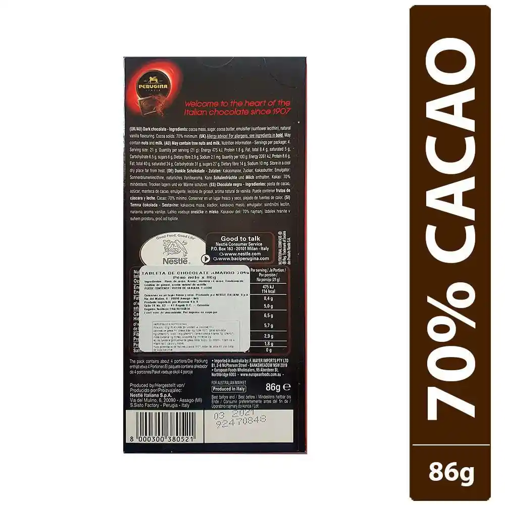 Perugina Carulla Chocolate Amargo 70%