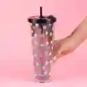 Vaso Plástico Doble Pared Con Pitillo Dots Negro 720 mL Miniso