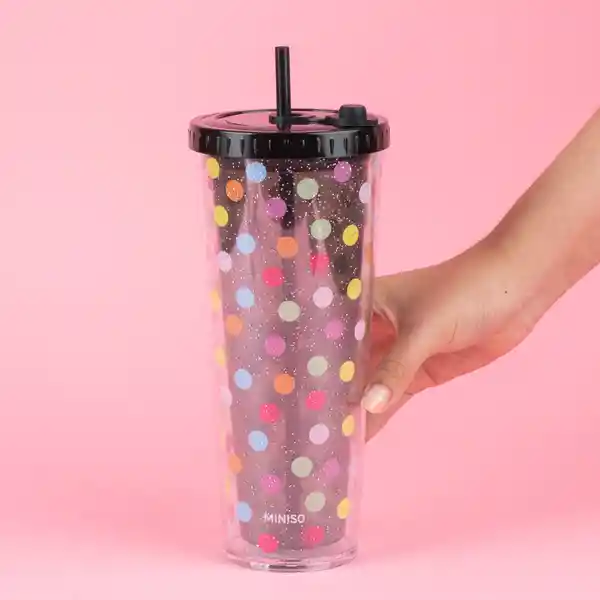 Vaso Plástico Doble Pared Con Pitillo Dots Negro 720 mL Miniso