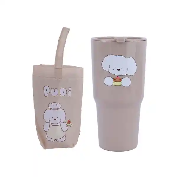 Vaso de Plástico Guji Guji Con Bolsa de Tela Café Miniso