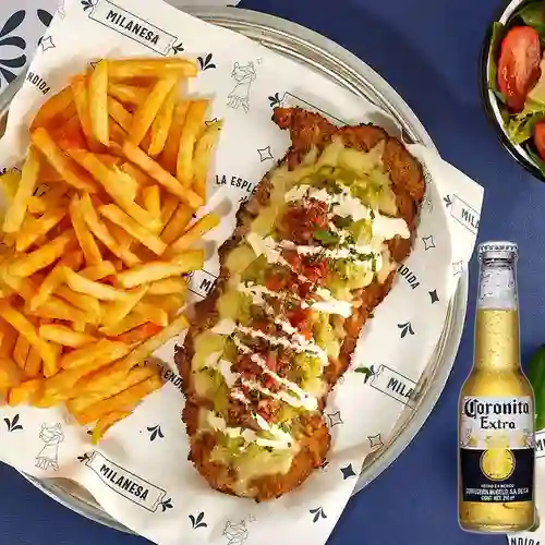 Combo milanesa mexicana + cerveza coroni