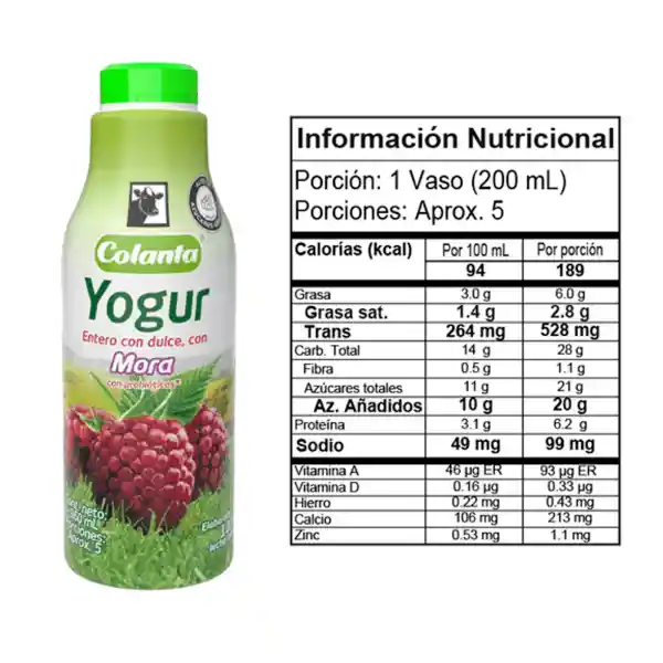 Yogur Entero Mora Colanta Garrafa x 960 mL