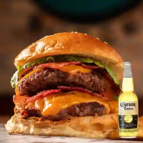 Combo burger doble carne+ cerveza corona