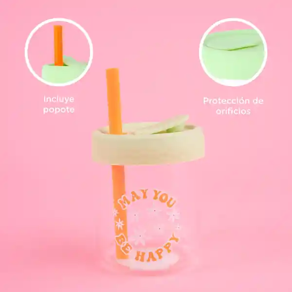 Vaso de Vidrio de Con Tapa de Silicona Verde Miniso
