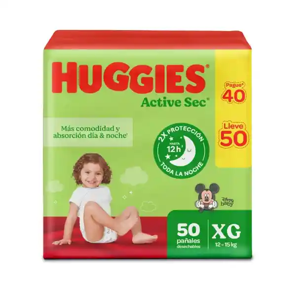 Pañal Huggies Active Sec Etapa 4/XG Promo Pague 40U Lleve 50 Und
