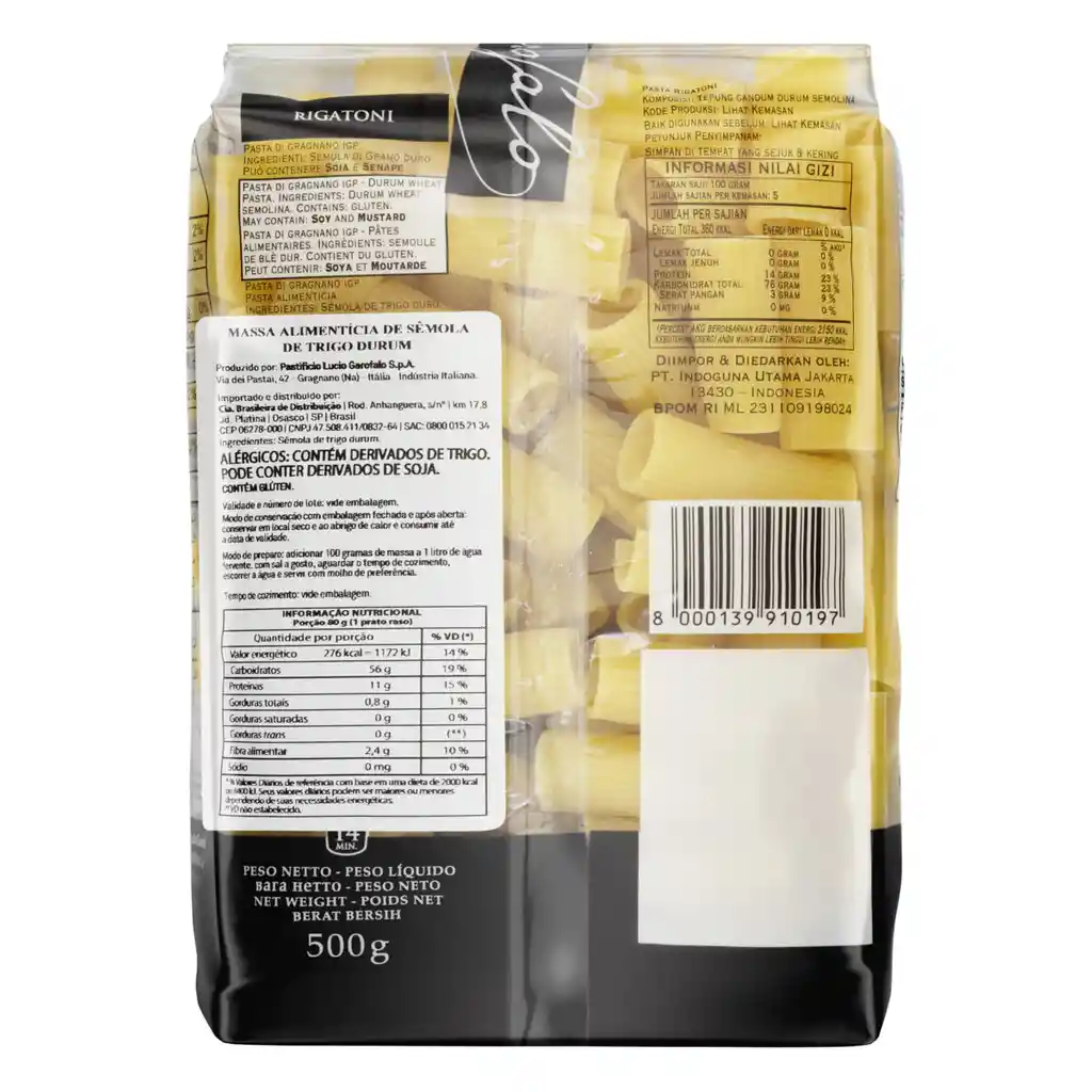 Fideos Rigatoni Garofalo Bolsa 500 G.