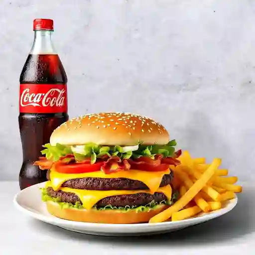 Combo hamburguesa mega + papas con queso + Cocacola 400 ml 