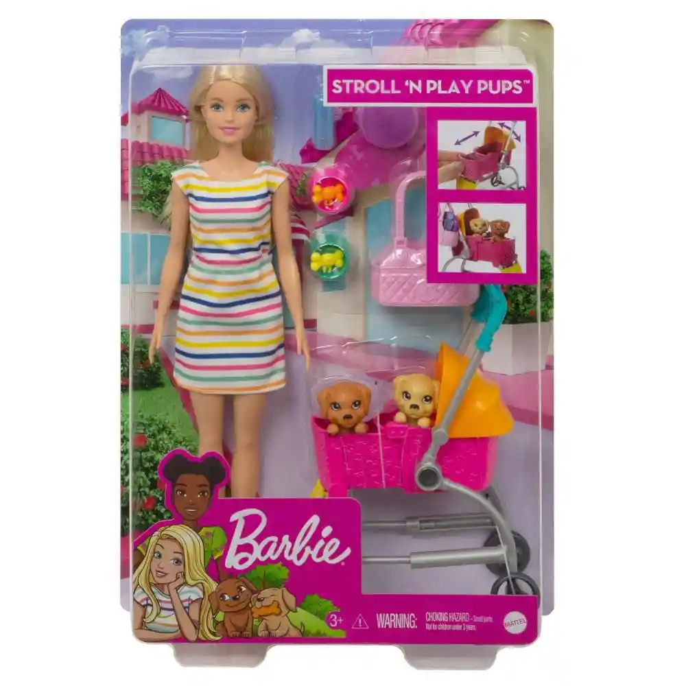 Barbie Muñeca Carriola de Perritos