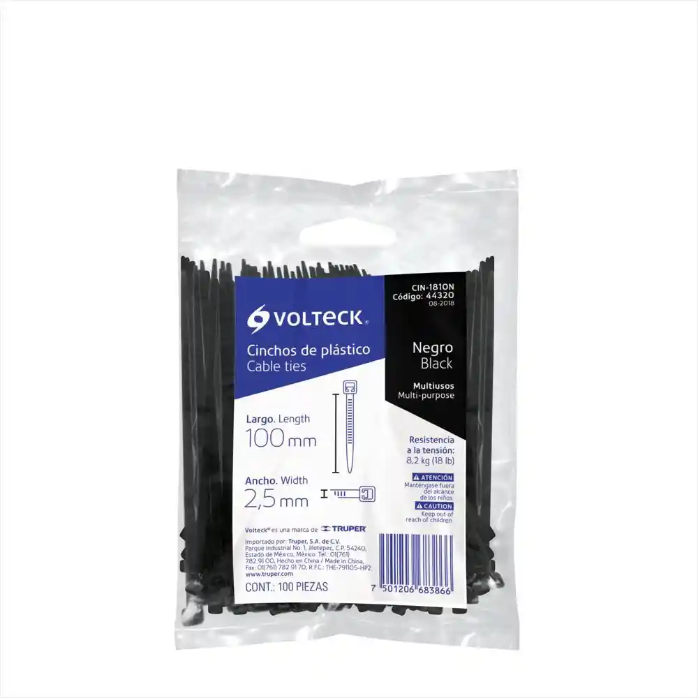 Cincho Plástico 18 Lb 10 Cm Negro Bolsa Con 100 Pzas Volteck