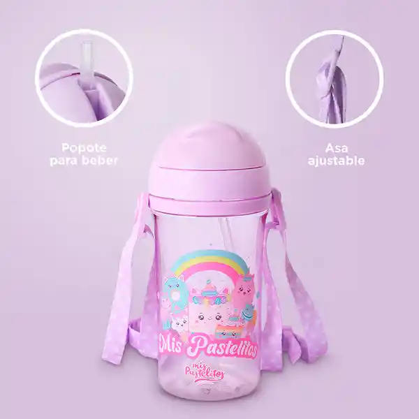Botella Plástico Con Pitillo Serie Mis Pastelitos Morada Miniso