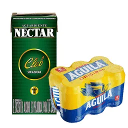 Aguardiente Nectar Verde Sin Azucar Tetra 1000 Ml + Six Pack Cerveza Aguila Lata 330 Ml