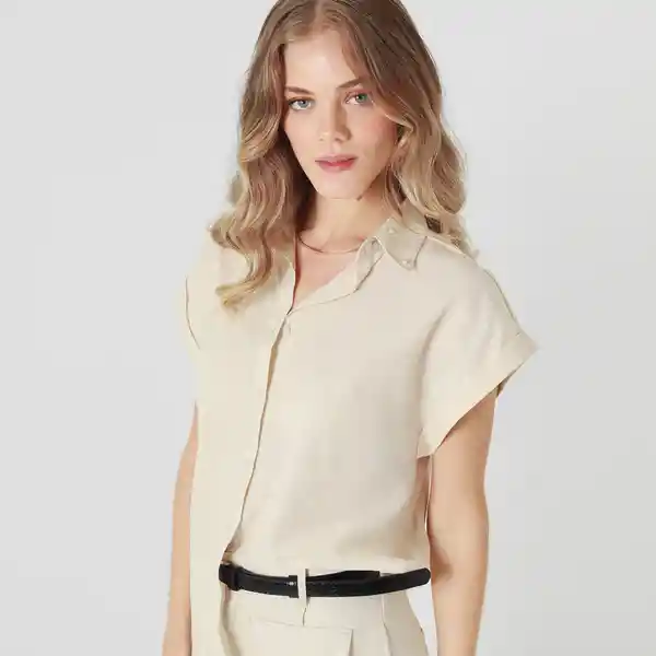 Blusa Cuello Camisero Manga Corta Beige Talla S 701860