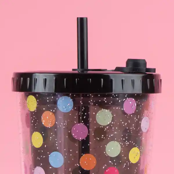 Vaso Plástico Doble Pared Con Pitillo Dots Negro 720 mL Miniso