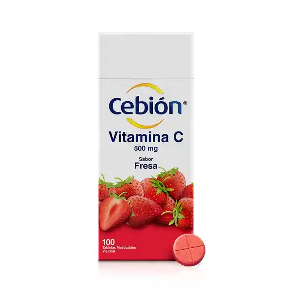 Cebión tabletas Masticables de Vitamina C sabor a Fresa con 100 unidades