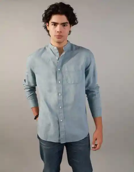 Camisa Band Cuello Manga Larga Hombre Azul Small American Eagle