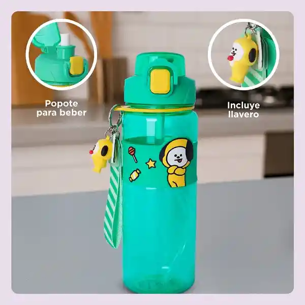 Botella Con Correa y Funda Serie Chimmy Verde 800 mL Bt21 Miniso